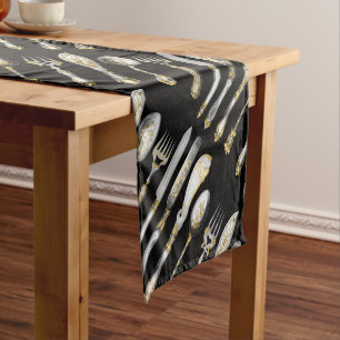 Chefs utensils gold silver black short table runner