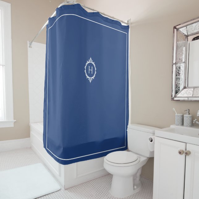Chelsea Blue and White Monogrammed Shower Curtain (In Situ)