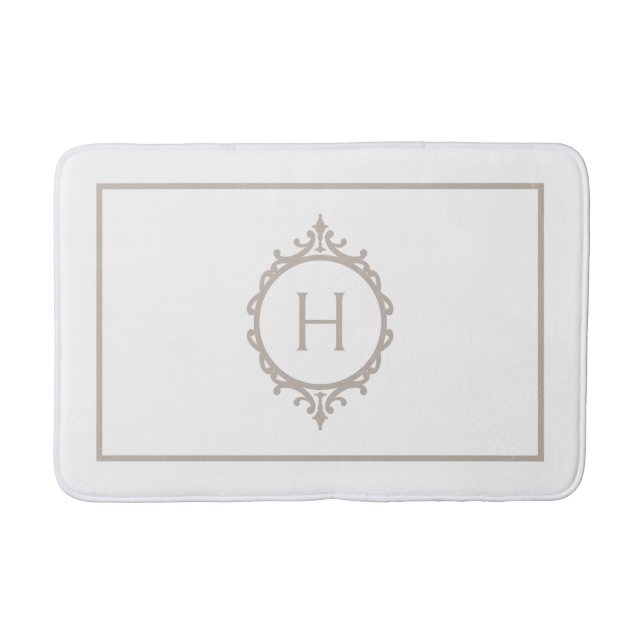 Chelsea Light Taupe and White Monogrammed Bath Mat (Front)