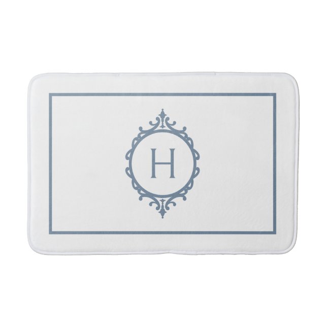 Chelsea Stormy Blue and White Monogrammed Bath Mat (Front)