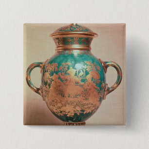 Chelsea vase and lid with gilt chinoiserie 15 cm square badge