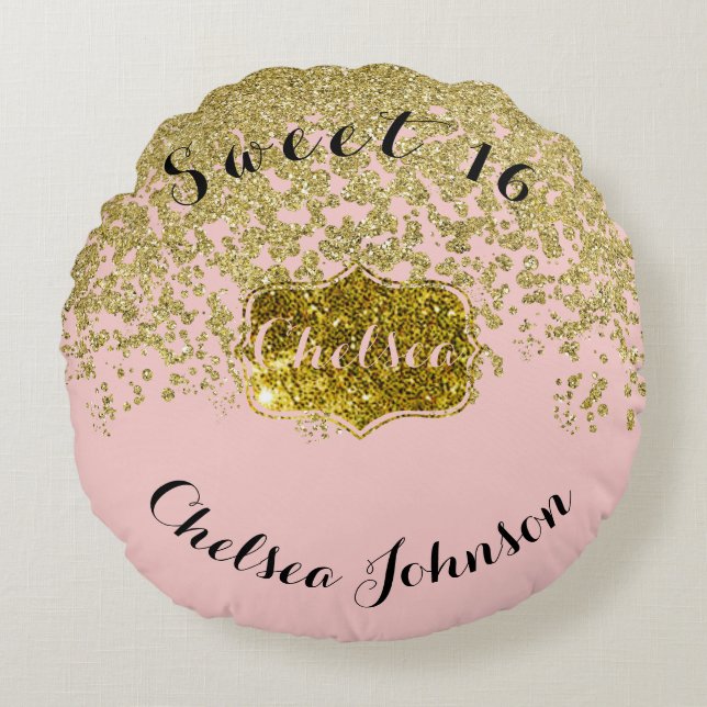Chelsea's Sweet Sixteen Rose and Glitter Round Cushion (Front)