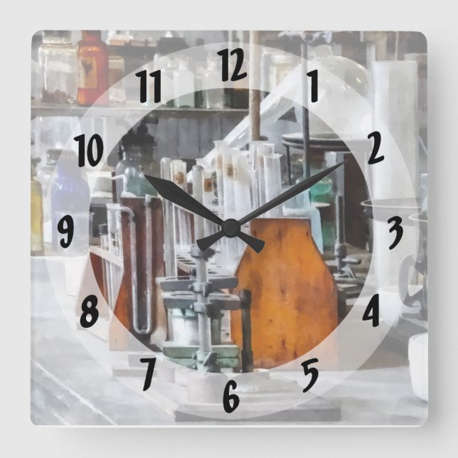 Chem Lab With Test Tubes And Retort Square Wall Clock (Front)