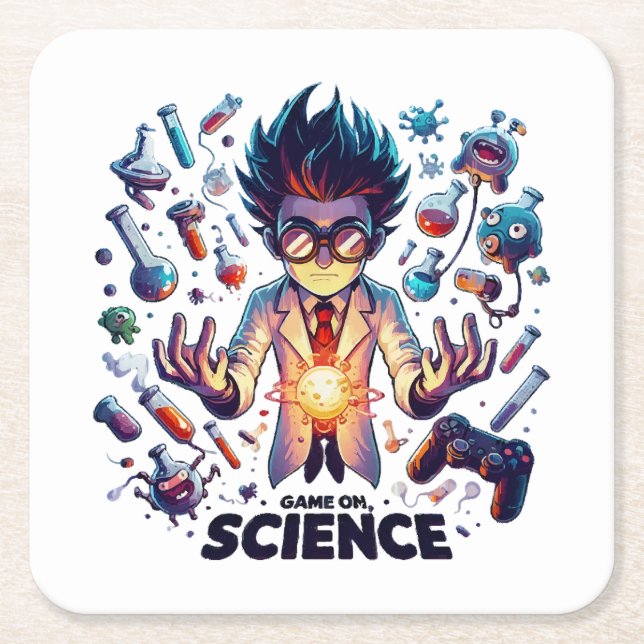 Chemical Concoction Game On, Science Theme Square Paper Coaster (Front)