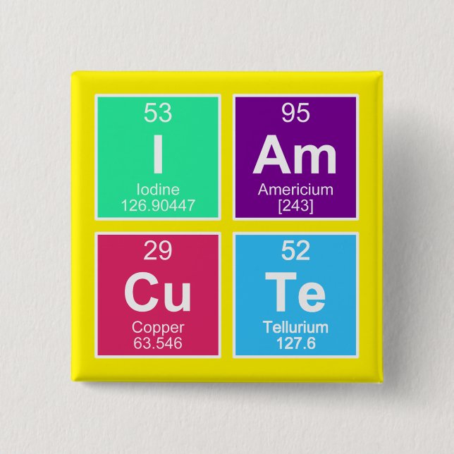 Chemical periodic table of elements: IAm CuTe 15 Cm Square Badge (Front)