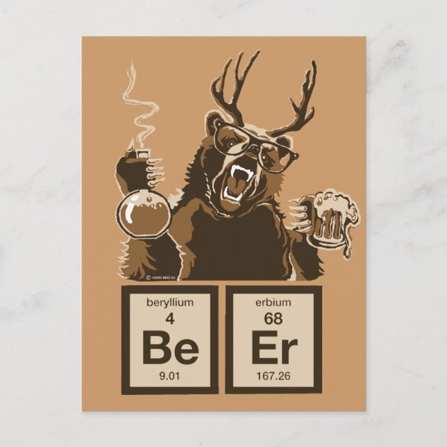 Chemistry bear discovered beer postcard (Front)