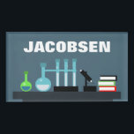 Chemistry Equipment Science Badge<br><div class="desc">Laboratory equipment used in chemistry is on a desk on a grey background which makes a fun scientific design.</div>