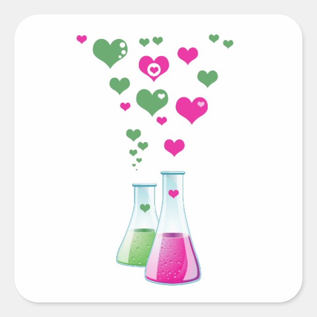 Chemistry Flask, Lab Glassware, Heart - Pink Green Square Sticker (Front)