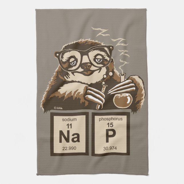 Chemistry sloth discovered nap tea towel (Vertical)