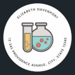 Chemistry Test Tube and Beaker Address Classic Round Sticker<br><div class="desc">Address stickers with a cute illustration of a test tube holding yellow liquid and a rounded flask/beaker holding green liquid with red bubbles.</div>