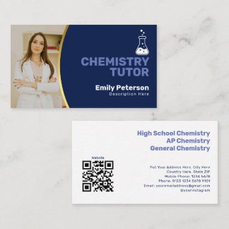 Chemistry Tutor With Photo, Navy Blue Gold Accents Business Card