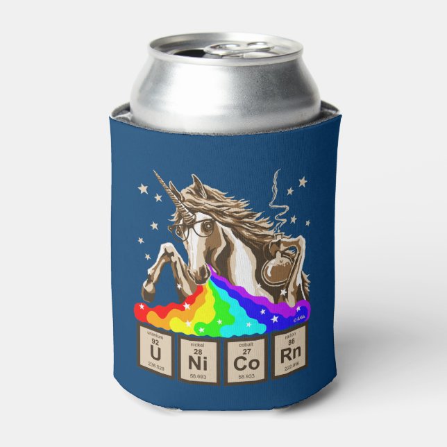 Chemistry unicorn vomits rainbow can cooler (Can Front)