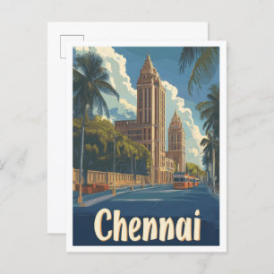 Chennai India Art Vintage Travel Illustration Postcard
