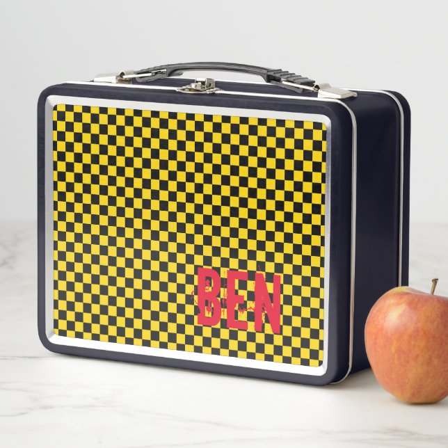 Chequerboard Black Gold School Kids NAME Fun Metal Lunch Box (In Situ)