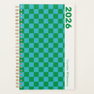 Chequerboard Blue Green Retro Personalised 2026 Planner