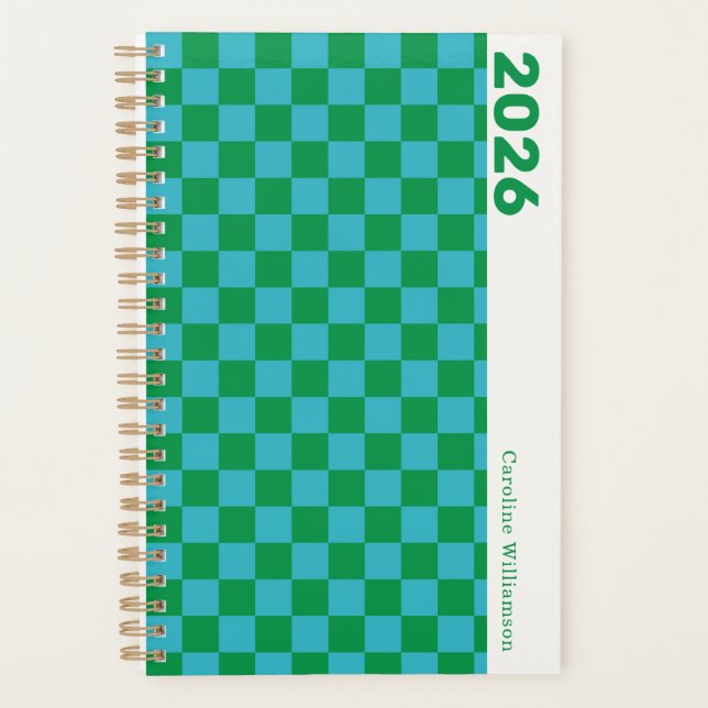 Chequerboard Blue Green Retro Personalised 2026 Planner (Front)