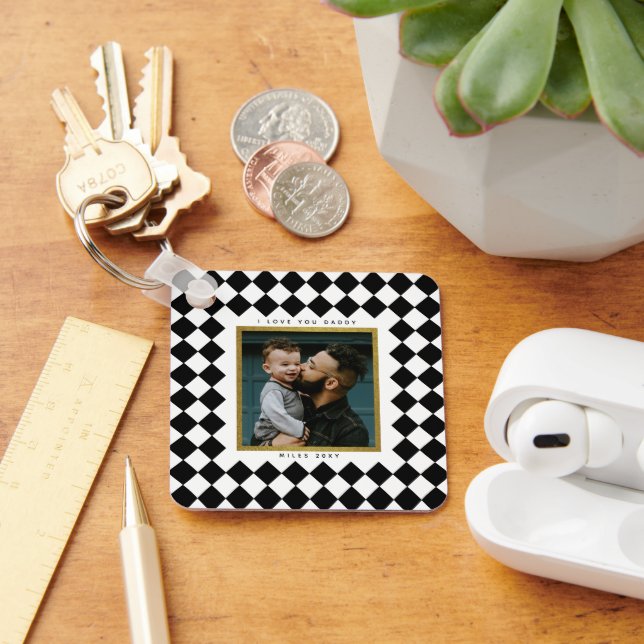 Chequerboard Diamond Border Photo and Info Text Key Ring (Desk)