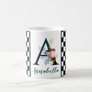 Chequerboard Fancy Floral Monogram Letter A   Coffee Mug