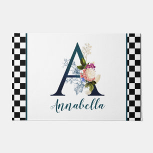 Chequerboard Fancy Floral Monogram Letter A  Doormat