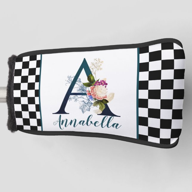 Chequerboard Fancy Floral Monogram Letter A  Golf Head Cover (Front)