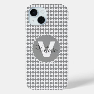 Chequerboard Grayscale with Monogram Name iPhone 15 Case
