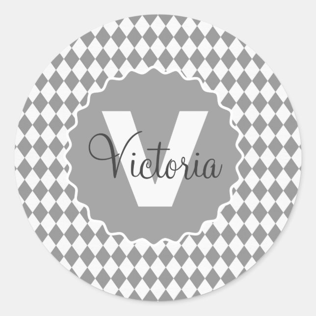 Chequerboard Grayscale with Monogram Name   Classic Round Sticker (Front)