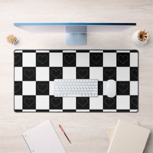 Chequerboard Hearts in Black and White Desk Mat