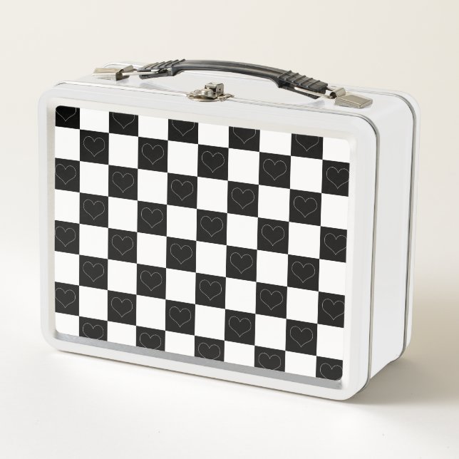 Chequerboard Hearts in Black and White Metal Lunch Box (Front)