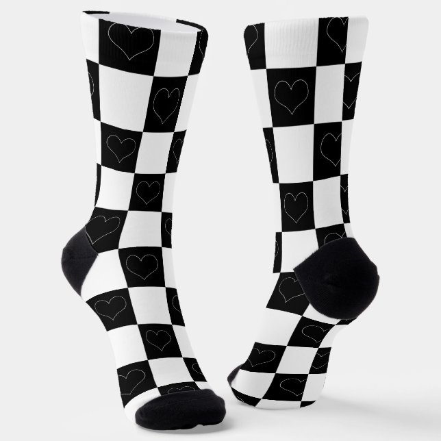 Chequerboard Hearts in Black and White Socks (Angled)