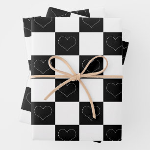 Chequerboard Hearts in Black and White Wrapping Paper Sheet