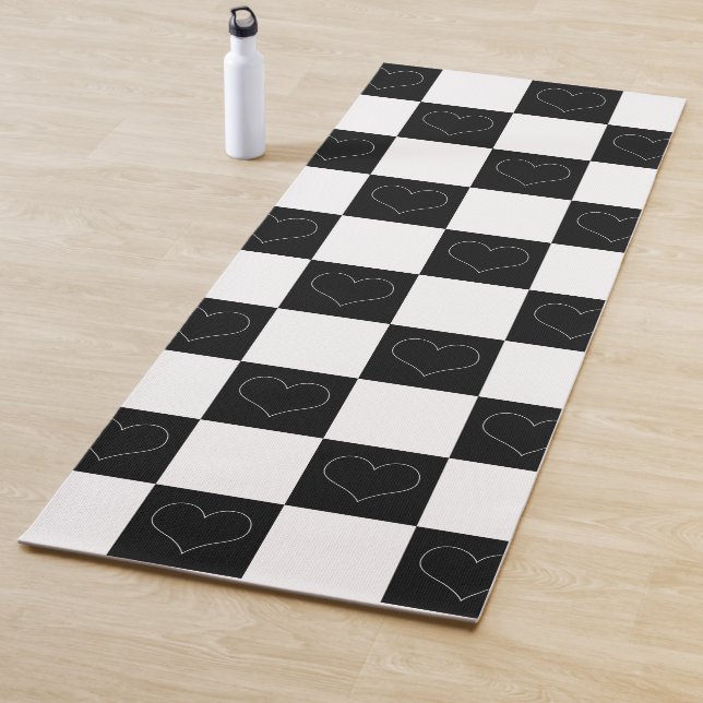 Chequerboard Hearts in Black and White Yoga Mat (In Situ)