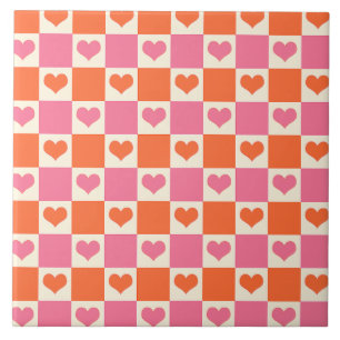 Chequerboard Hearts in Pink, Orange, and Cream Ceramic Tile