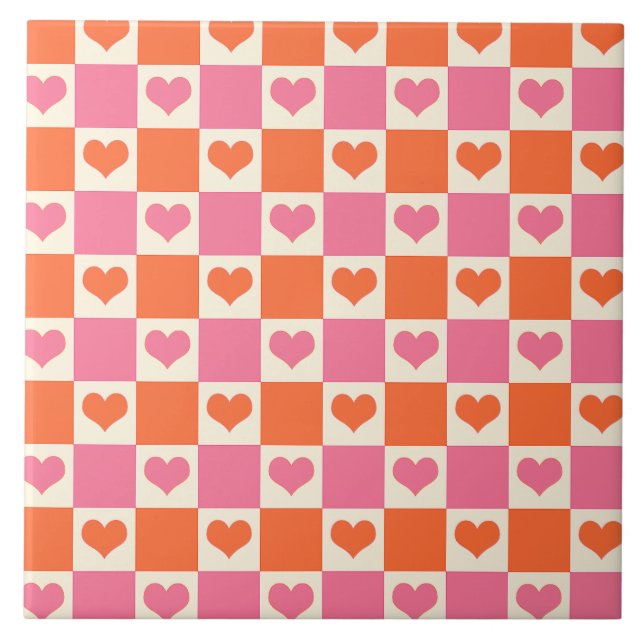 Chequerboard Hearts in Pink, Orange, and Cream Ceramic Tile (Front)