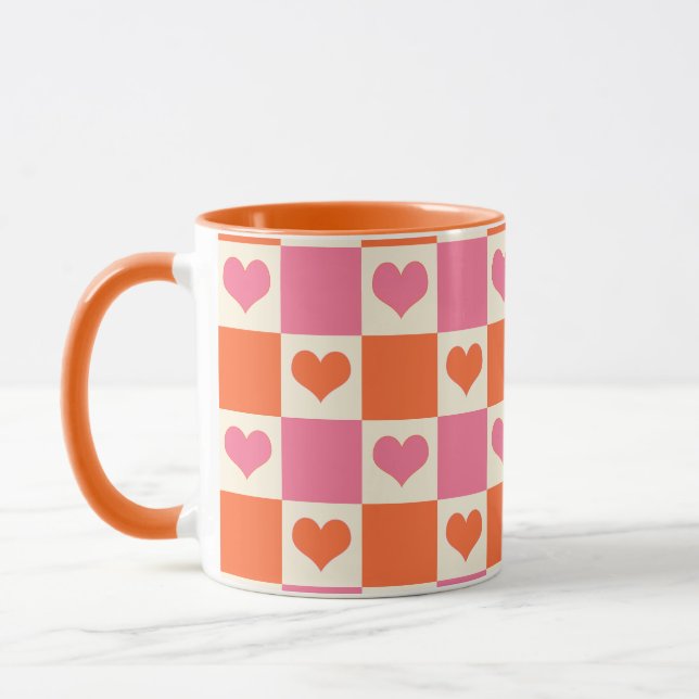 Chequerboard Hearts in Pink, Orange, and Cream Mug (Left)