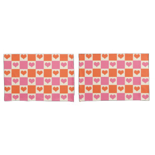Chequerboard Hearts in Pink, Orange, and Cream Pillowcase