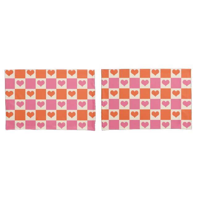 Chequerboard Hearts in Pink, Orange, and Cream Pillowcase (Front-Set)