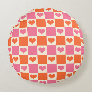 Chequerboard Hearts in Pink, Orange, and Cream Round Cushion