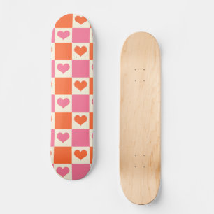 Chequerboard Hearts in Pink, Orange, and Cream Skateboard