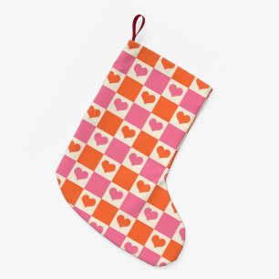 Chequerboard Hearts in Pink, Orange, and Cream Small Christmas Stocking