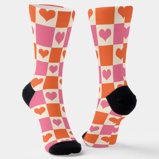 Chequerboard Hearts in Pink, Orange, and Cream Socks (Angled)