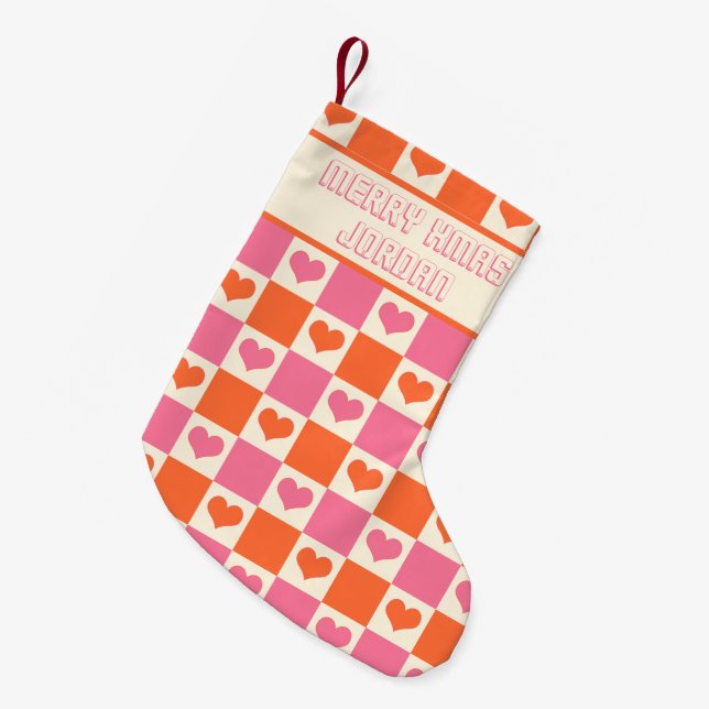 Chequerboard Hearts in Pink, Orange, & Cream Small Christmas Stocking (Front (Hanging))