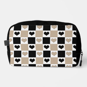 Chequerboard Hearts in Taupe, Black, and White Dopp Kit