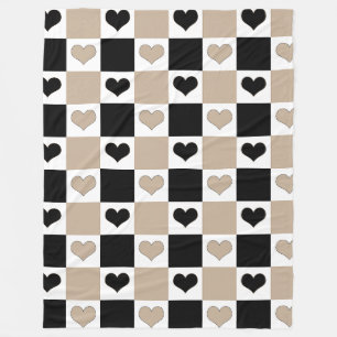 Chequerboard Hearts in Taupe, Black, and White Fleece Blanket