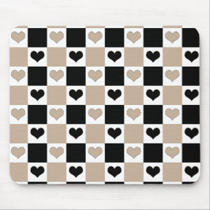 Chequerboard Hearts in Taupe, Black, and White Mouse Pad