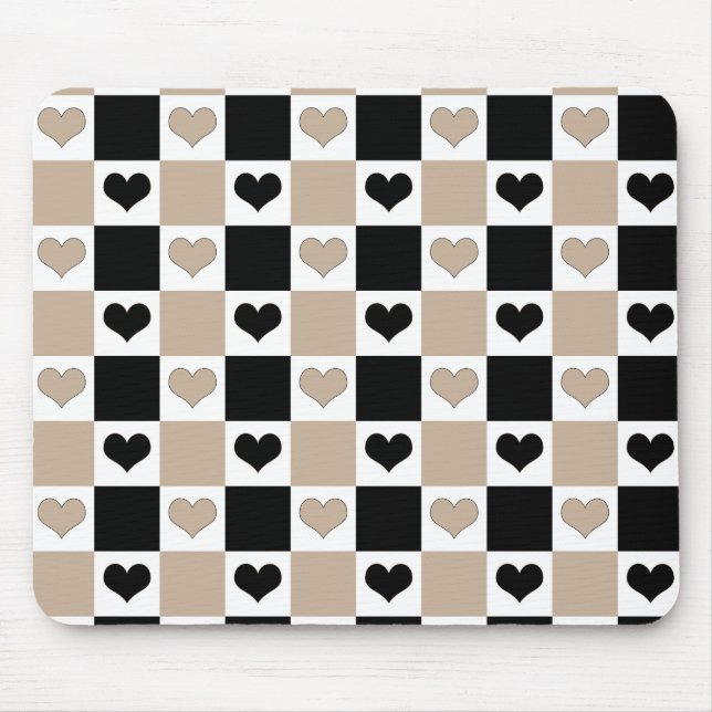 Chequerboard Hearts in Taupe, Black, and White Mouse Pad (Front)