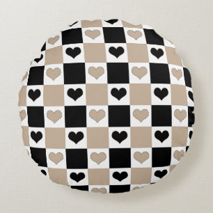 Chequerboard Hearts in Taupe, Black, and White Round Cushion
