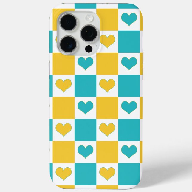 Chequerboard Hearts in Turquoise and Yellow Case-Mate iPhone Case (Back)