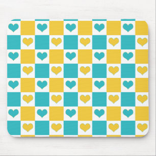 Chequerboard Hearts in Turquoise and Yellow Mouse Pad