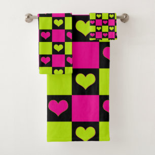 Chequerboard Hearts - Lime Green, Hot Pink & Black Bath Towel Set