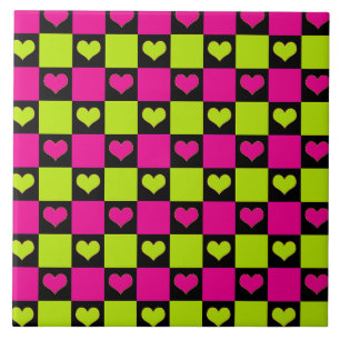 Chequerboard Hearts - Lime Green, Hot Pink & Black Ceramic Tile